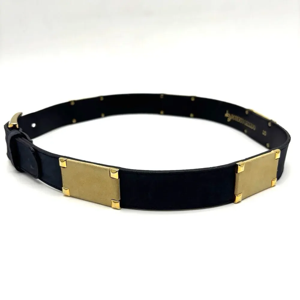 1980s Roberto Bellido Navy & Cream Genuine Leather Gold Studs Waist Belt 29-31